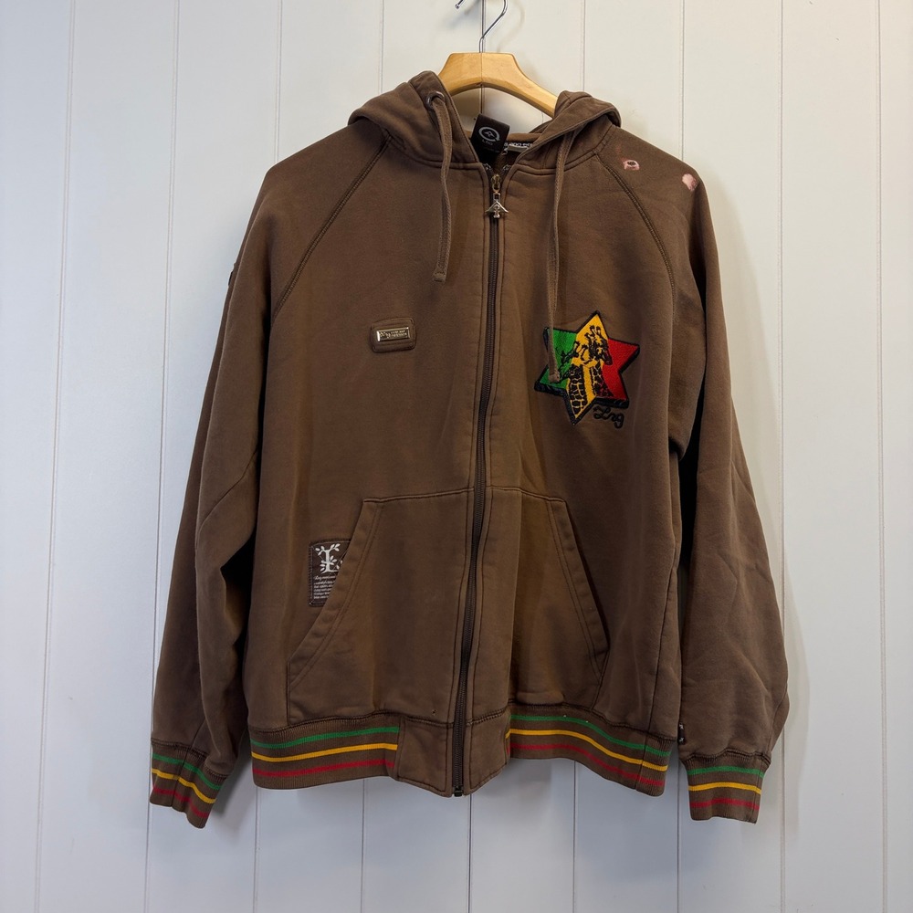 LRG Roots People Y2K Streetwear Patch Zip Up Hoodie Mens Large Indie Reggae